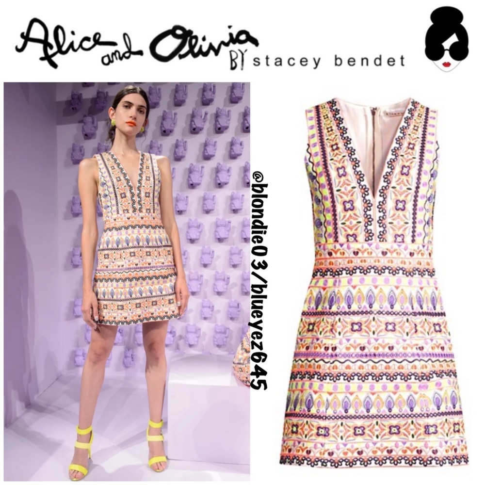 Alice + Olivia Patty Embroidered V-Neck Mini Dress 4 NWT - Picture 1 of 5
